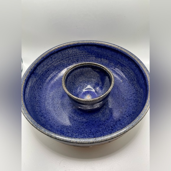 Hand Thrown Pottery Chip And Dip Bowl; Artist Signed; Cobalt Blue - Picture 2 of 5